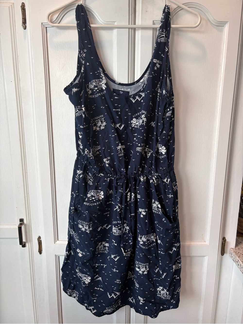 GAP Navy and White Printed Sleeveless Cinched Waist Dress